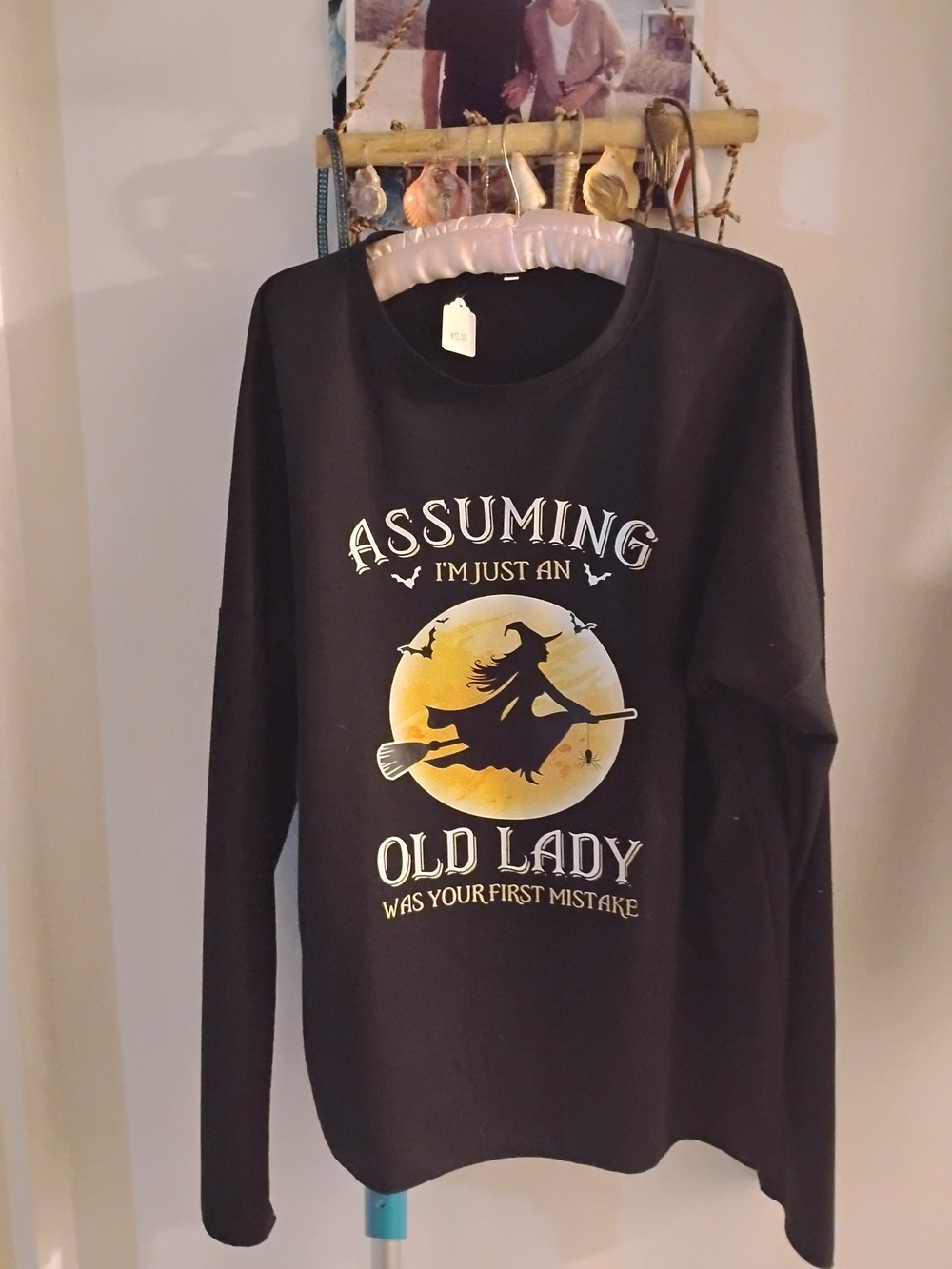 Black Graphic Tee with Yellow Moon Witch Print